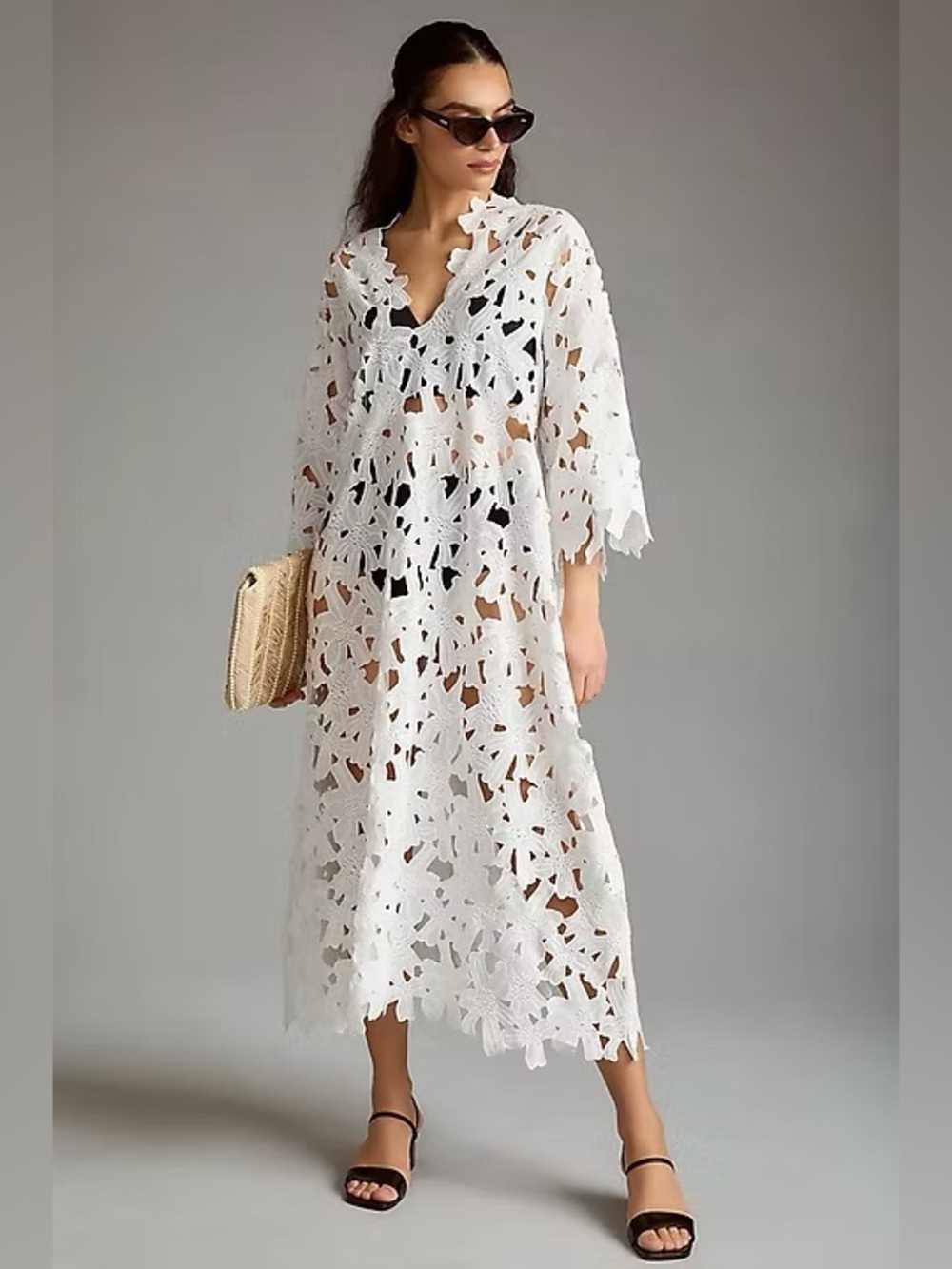 by Anthropologie floral eyelet kaftan in white embroidered flowers - Picture 2 of 8